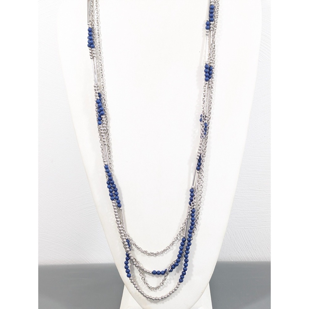 Premier Designs Blue Silver Tone Multi Chain Long Layer Necklace Boho Coastal